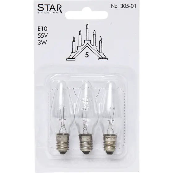 Julepære 5-lys - 3w/55v rette - 3pk