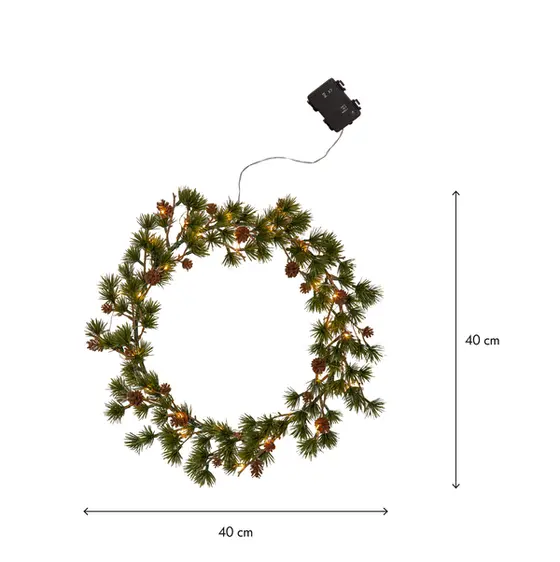 Larix krans med lys - ø40 - IP44 - batteridrevet