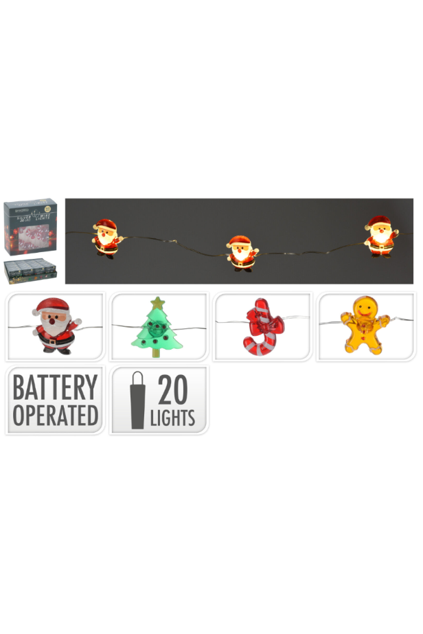 Lyslenke Stringlight m/juledekor 1m 20-lys - varm hvit - batteridrevet