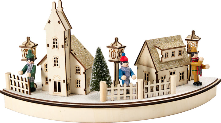 Julelandsby i tre m/lys - 39cm bue - batteridrevet