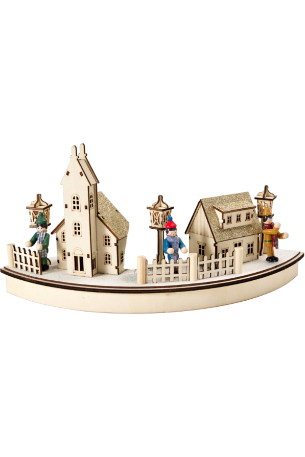 Julelandsby i tre m/lys - 39cm bue - batteridrevet