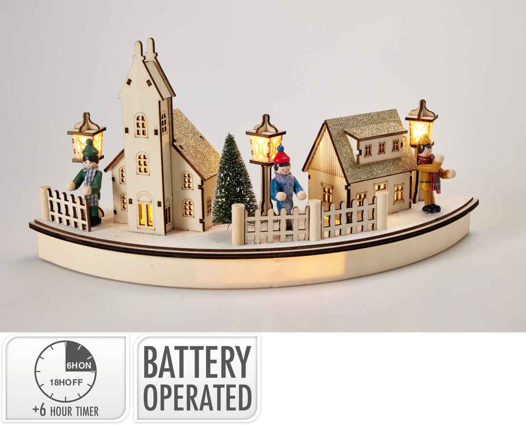 Julelandsby i tre m/lys - 39cm bue - batteridrevet