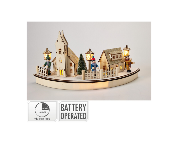 Julelandsby i tre m/lys - 39cm bue - batteridrevet